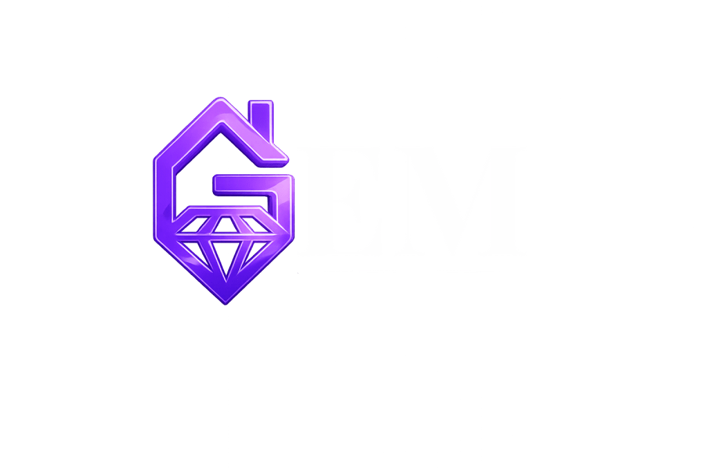 Logo featuring the letters 'GEM' with a stylized house and diamond graphic in purple and white.